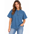 Cotton Washed Round Neck Three-Button Half-Sleeve Shirt D944