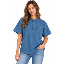 Cotton Washed Round Neck Three-Button Half-Sleeve Shirt D944