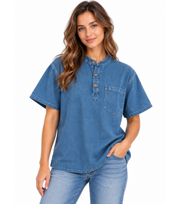 Cotton Washed Round Neck Three-Button Half-Sleeve Shirt D944