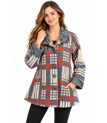 Women's Collar Embroidery Four Button Plaid Multi Jacket Coat KBS26724