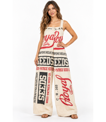 Cotton Vintage Feed Sack Tie-Knot Adjustable “Royal Seeds” Jumpsuit Overall KTF261426