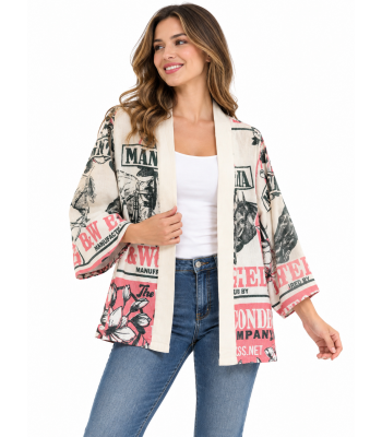 Vintage Cotton Feed Sack Magnolia Horse Print Open-Front Cardigan KTF261432