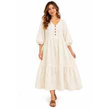 Cotton Crinkled Double Gauze Button Decorated Long Dress KTJ261329