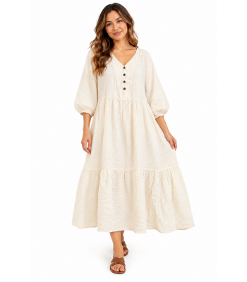 Cotton Crinkled Double Gauze Button Decorated Long Dress KTJ261329