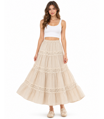 Cotton Crinkled Gauze Lace Trim Festival Skirt KTK24489