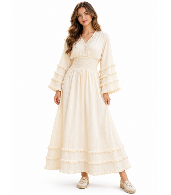 Cotton Crinkled Double Gauze V-Neck Long Layered Sleeves Dress  KTK24490