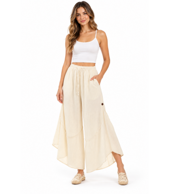 Cotton Crinkled Gauze Wide-Leg Button-Decorated Casual Pants KTK24496