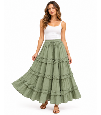Cotton Crinkled Gauze Teal Ruffle High-Low Boho Skirt KTK261362
