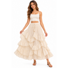 Cotton Crinkled Double Gauze Pure White Ruffle Patchwork Festive Boho Skirt KTK261368