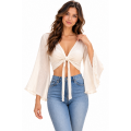 Cotton Crinkled Double Gauze Pure White Long Sleeve Tie-Knot Top KTK261368T