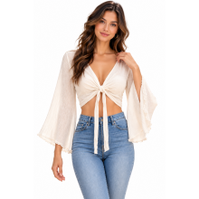 Cotton Crinkled Double Gauze Pure White Long Sleeve Tie-Knot Top KTK261368T