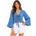 Cotton Crinkled Double Gauze Tie-Knot Boho Crop Top KTK261373