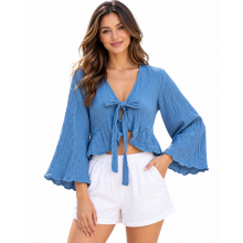 Cotton Crinkled Double Gauze Tie-Knot Boho Crop Top KTK261373
