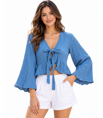 Cotton Crinkled Double Gauze Tie-Knot Boho Crop Top KTK261373