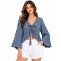 Cotton Crinkled Double Gauze Long Sleeve Tie-Knot Grey Boho Crop Top KTK261374
