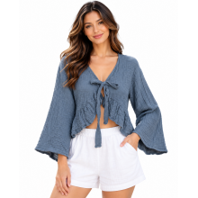 Cotton Crinkled Double Gauze Long Sleeve Tie-Knot Grey Boho Crop Top KTK261374