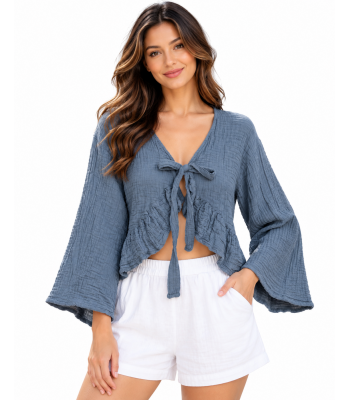 Cotton Crinkled Double Gauze Long Sleeve Tie-Knot Grey Boho Crop Top KTK261374