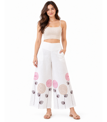 Cotton Multi-Color Swirl Embroidery Wide-Leg Floral Palazzo Pants  KTK261375