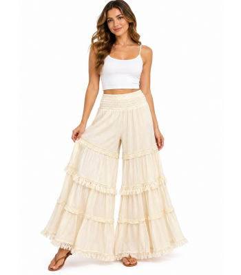 Cotton Crinkled Double Gauze Ombre Fringe Patch Princess Palazzo Pants KTK261377