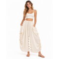 Cotton Crinkled Gauze Button-Decorated 2-in-1 Convertible Boho Skirt & Pants KTK261378