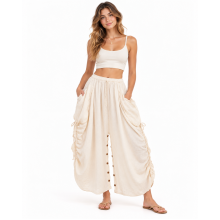Cotton Crinkled Gauze Button-Decorated 2-in-1 Convertible Boho Skirt & Pants KTK261378