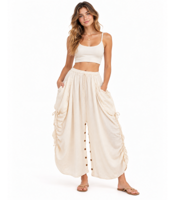 Cotton Crinkled Gauze Button-Decorated 2-in-1 Convertible Boho Skirt & Pants KTK261378