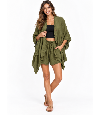 Cotton Crinkled Double Gauze Shorts & Open Front Cardigan Set  KTK261383