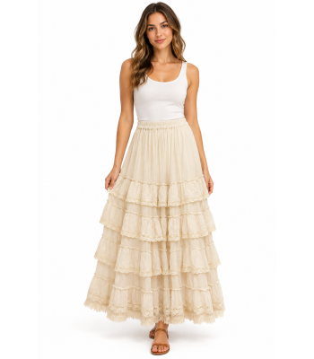 Cotton Crinkled Lace-Trim Ombre Ruffle Fringe Queen Skirt KTK261384