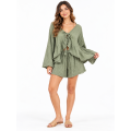 Cotton Crinkled Gauze Dark Green Top & Shorts Set KTK261385