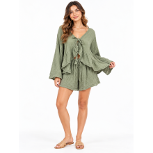 Cotton Crinkled Gauze Dark Green Top & Shorts Set KTK261385