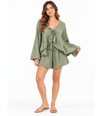 Cotton Crinkled Gauze Dark Green Top & Shorts Set KTK261385