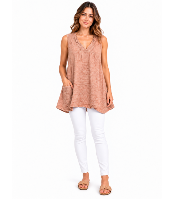 Cotton Crinkled Double Gauze Gold Pocket Wide Sleeve Boho Tunic  KTK261386