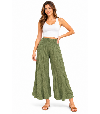 Cotton Crinkle Jungle Green Wide Leg Palazzo Pant KTX261451