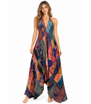 Rayon Blue Multi Patchwork Boho Sun Dress KTY504