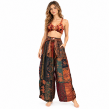 Rayon Red Multi Patchwork Coconut Button Palazzo Pant KTY506