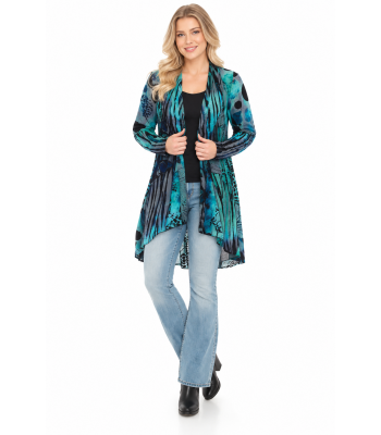  Women's Ocean Green Multi Polka Burnout Waffle Knit Open Front  Cardigan  KV23328 PLUS