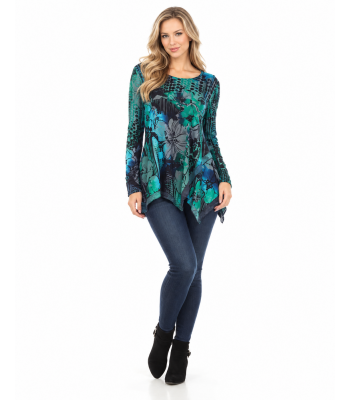  Women's Blue Ocean Burnout  Asymmetrical Round Neck Tunic KV23329