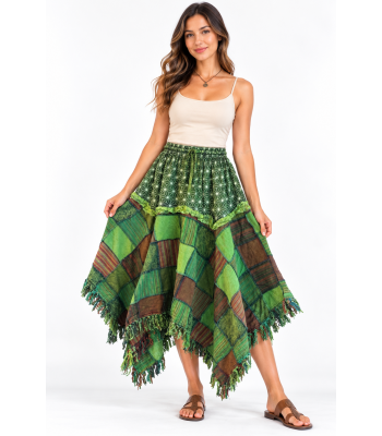 Cotton Multi Color Patchwork Thread Artwork Fringe Boho Skirt R1136 G