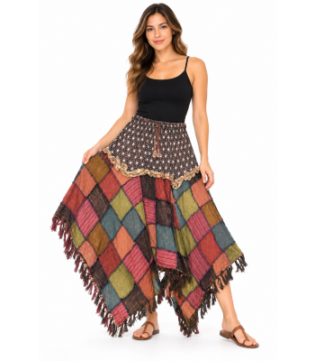 Cotton Multi Color Patchwork Thread Artwork Fringe Boho Skirt R1136 R