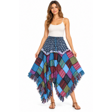 Cotton Multi Color Patchwork Thread Artwork Fringe Boho Skirt R1136 B