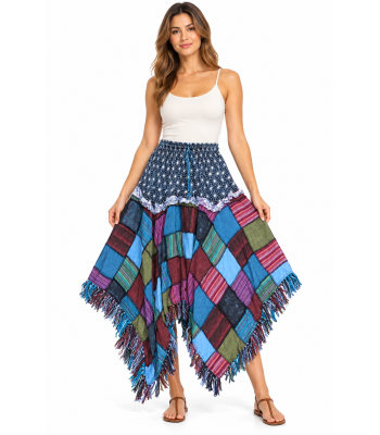 Cotton Multi Color Patchwork Thread Artwork Fringe Boho Skirt R1136 B