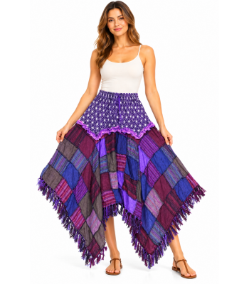 Cotton Multi Color Patchwork Thread Artwork Fringe Boho Skirt R1136 P