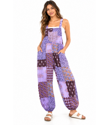 Cotton Multi Purple Patchwork Elastic Strap Free Style Jumpsuit Overall R261116