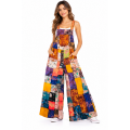 Cotton Multi-Color Patchwork Wide-Leg Festival Jumpsuit Overall  R261533