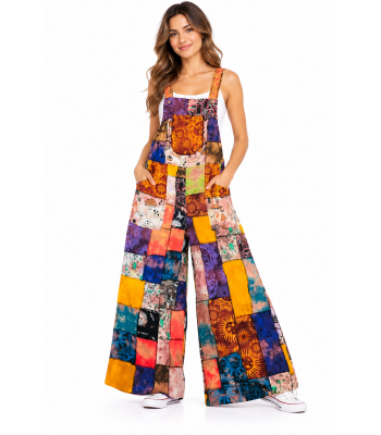 Cotton Multi-Color Patchwork Wide-Leg Festival Jumpsuit Overall  R261533
