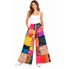 Cotton Multi-Color Patchwork Wide-Leg Musical Pants R261536
