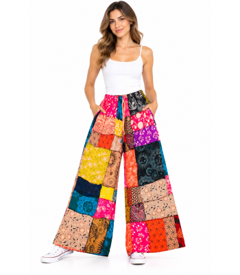 Cotton Multi-Color Patchwork Wide-Leg Musical Pants R261536