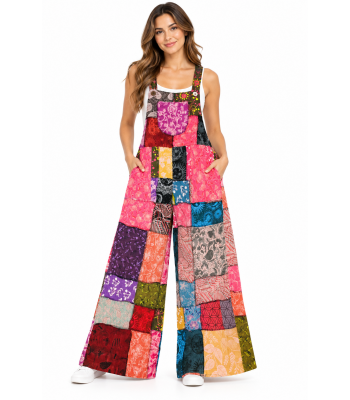 Cotton Multi-Color Patchwork Wide-Leg Festival Jumpsuit Overall  R261551