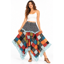 Cotton Patchwork Bohemian Lace-Trim Festival Skirt  R261635B