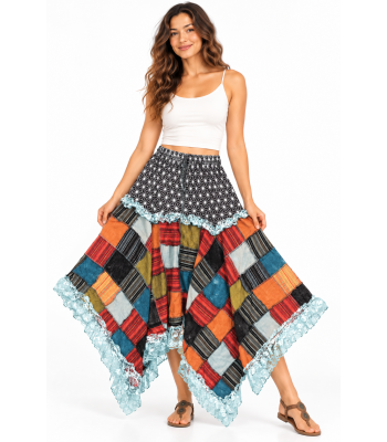 Cotton Patchwork Bohemian Lace-Trim Festival Skirt  R261635B